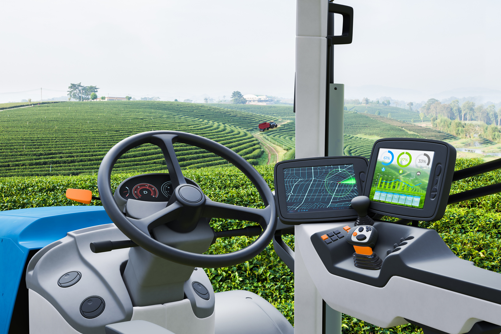 Autonomous tractor working in green tea field, Future technology with smart agriculture farming concept